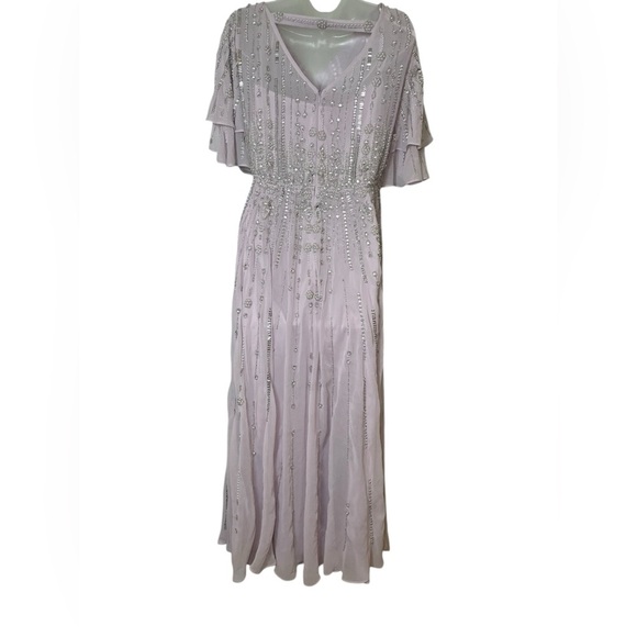 Mac Duggal 10690 Lavender Sequin Chiffon Midi Dress High Neck Flutter Sleeves - Picture 3 of 8